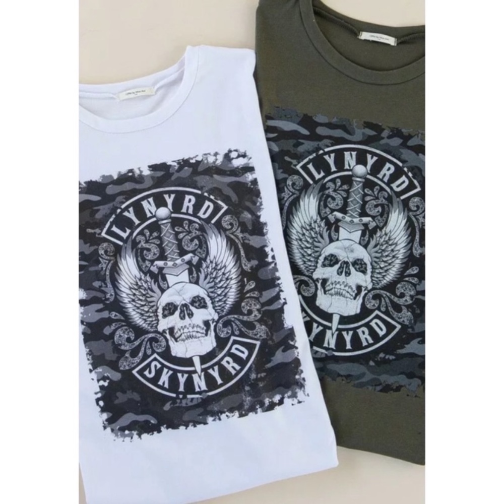 SOLD OUT Olive Lynyrd Skynyrd Camo Skull Graphic T-Shirt - Picture 2 of 4